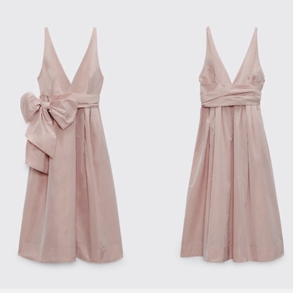 NWT ZARA VOLUMINOUS MIDI DRESS WITH BOW BELT PINK Size XS - Picture 2 of 14